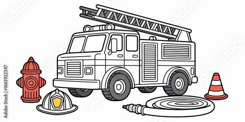 A minimalistic line drawing of a fire truck accompanied by essential firefighting gear emphasizing preparedness for emergencies and community safety.