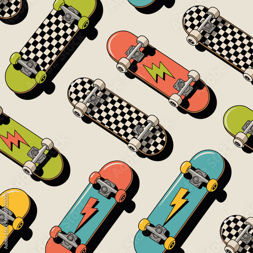 This colorful array of skateboards showcases different designs and colors, featuring striking lightning motifs and checkered patterns, perfect for skating enthusiasts.
