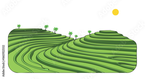 Stylized depiction of rice terraces with a minimalist design and vibrant green hues, representing natural beauty and agricultural innovation of