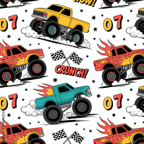 This dynamic illustration features bold and colorful monster trucks engaged in thrilling action, ideal for automotive enthusiasts or exciting children's merchandise.