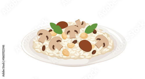 Delicate mushroom risotto illustration on a white plate showcasing a simple yet savory meal with earthy tones and culinary artistry