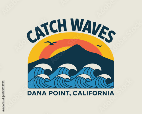 This image showcases a beautiful coastal scene with prominently featured waves and a vibrant sunset, representing the essence and allure of outdoor life in Dana Point, California.