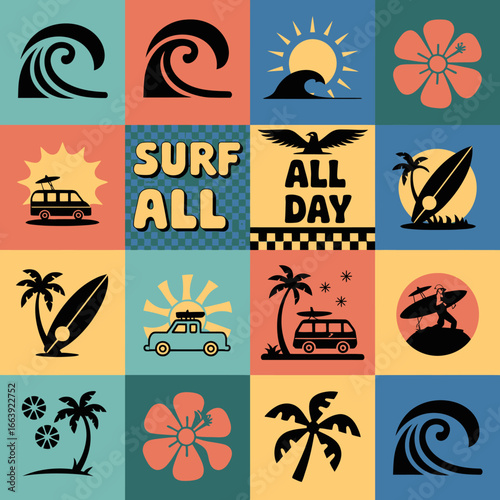 This vibrant surf-themed collage incorporates elements like waves, palm trees, and vehicles, encapsulating the essence of a carefree beach lifestyle immersed in adventure and fun.