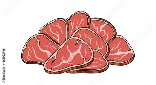 Vibrant illustration showcasing a meaty pile, perfect for culinary projects with a detailed depiction of diverse beef cut slices presentation