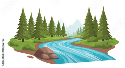 Serene River Flowing Through a Lush Forest Landscape Depicting Tranquility and Natural Beauty in Nature
