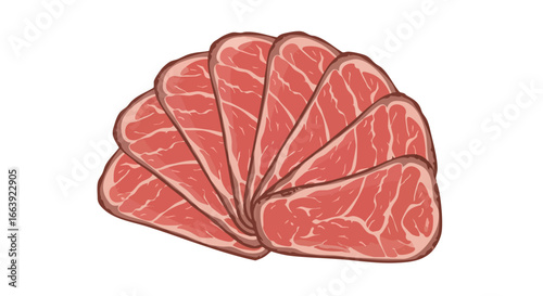 Stylized depiction of thinly sliced roast beef, arranged artistically on a clean white backdrop illustrating culinary artistry, enhancing appetite