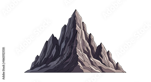 Stylized craggy mountain landscape vector, with jagged peaks against a clean white backdrop, showcasing isolated mountain range for various graphic