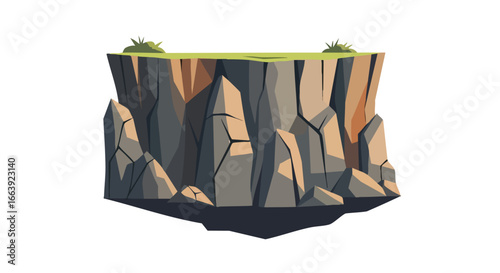 Stylized floating island illustration featuring rocky cliffs and grassy plains, set against a clean white backdrop perfect for creative digital
