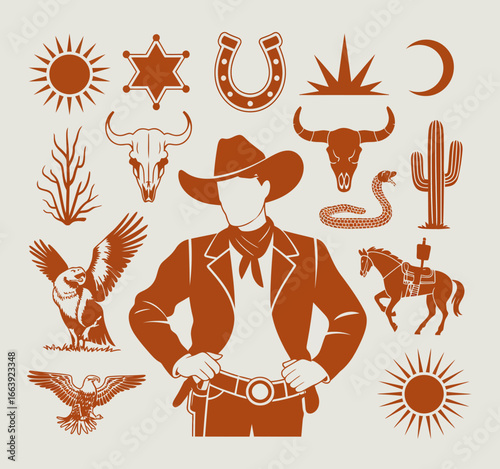 A stylized depiction of a cowboy in a classic Western outfit surrounded by iconic symbols like a skull, horseshoe, and wildlife, celebrating the rich heritage of the Wild West.