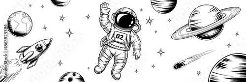 A whimsical illustration of an astronaut floating in space, surrounded by planets and stars, symbolizing the vastness of the universe and human aspirations to explore it.
