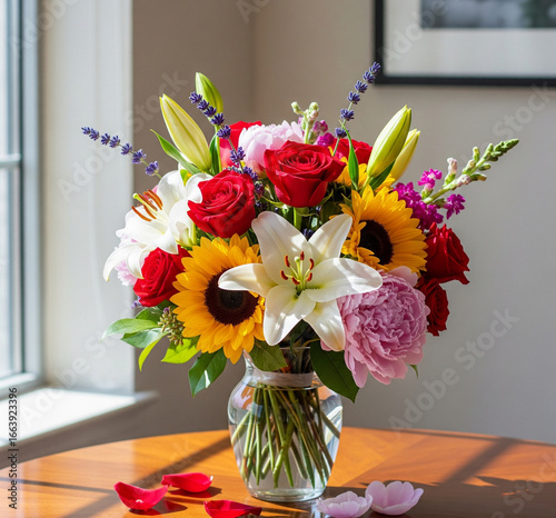 Vibrant Mixed Flower Bouquet on Wooden Table Indoors