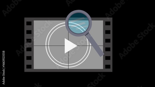 video animation magnifying glass and film negative, in search movie reel file concept, on a transparent background with alpha channel set to zero