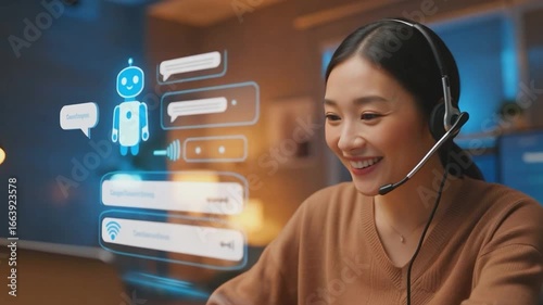 Woman wearing headset communicating with chatbot hologram on computer screen. Futuristic customer service and artificial intelligence assistant concept. Studio digital visualization. Design for poster