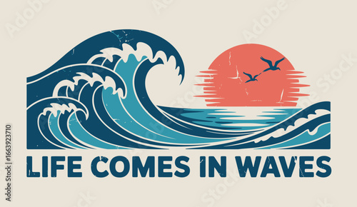 This vibrant image showcases crashing ocean waves under a sunset, with silhouettes of birds flying across the sky, capturing the essence of life's ebb and flow.