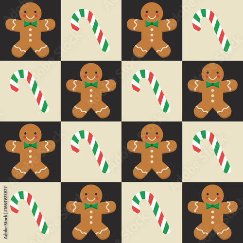 A delightful pattern of gingerbread cookies and candy canes that captures the festive spirit of the holiday season, perfect for seasonal decorations and products.