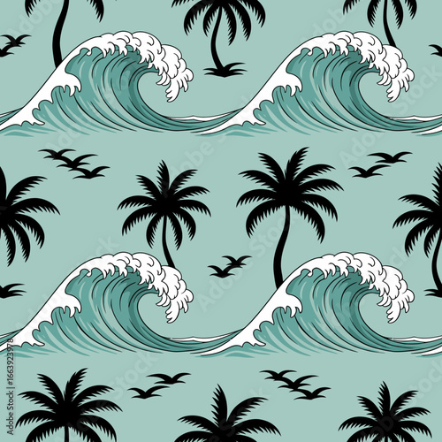 An exquisite repeating pattern of dynamic ocean waves and palm trees, capturing the essence of tropical life and the vibrant energy of coastal environments.