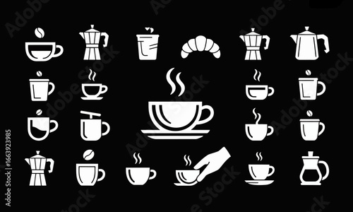 This image features a striking collection of coffee and pastry icons displayed against a black background, emphasizing diverse coffee brewing methods and tasty accompaniments.