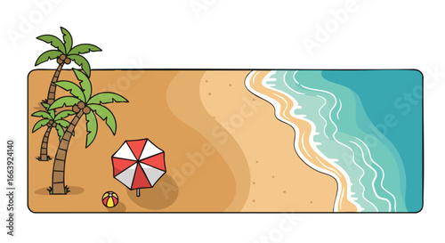 Serene Tropical Beach Scene with Palm Trees, Umbrella, and Gentle Waves, evoking a sense of relaxation and vacation bliss perfect for a summer