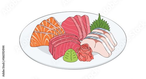Illustration of a colorful sashimi platter featuring salmon, tuna, and mackerel arranged on a white plate with wasabi and ginger offering a glimpse