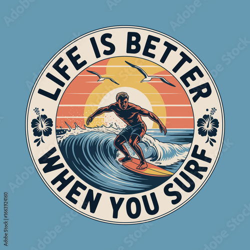 This lively illustration features a young surfer riding a wave while basking in the sun, reflecting youthful exuberance, joy, and the vibrant culture of surfing.