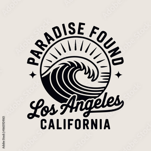 This monochrome design presents a powerful wave icon alongside bold text, infused with a sense of adventure and exploration typical of coastal living in Los Angeles.