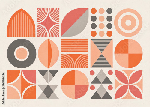 Abstract Geometric Shapes in Coral Orange Gray and Peach Tones pattern