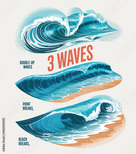 This visual piece illustrates three types of ocean waves, specifically double-up, point breaks, and beach breaks, showcasing their distinct forms and energy.