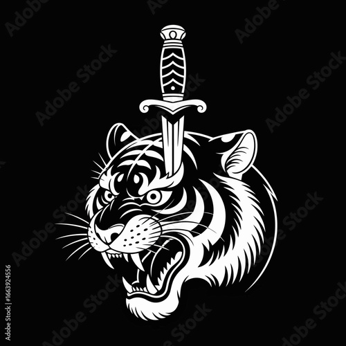 A captivating illustration captures a tiger's head with a sword thrust through it, embodying themes of power, determination, and artistic creativity in its design.