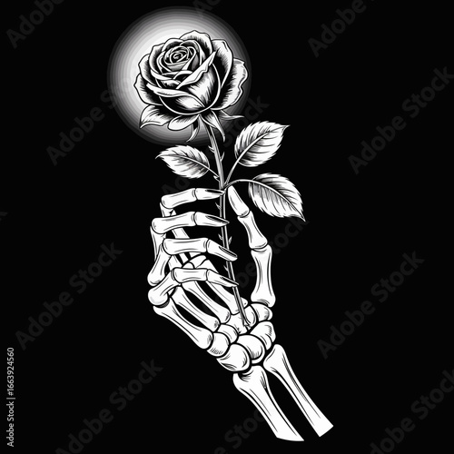 This emotional artwork showcases a skeletal hand elegantly holding a rose, a powerful representation of life's fragility contrasted against the beauty of nature and art.