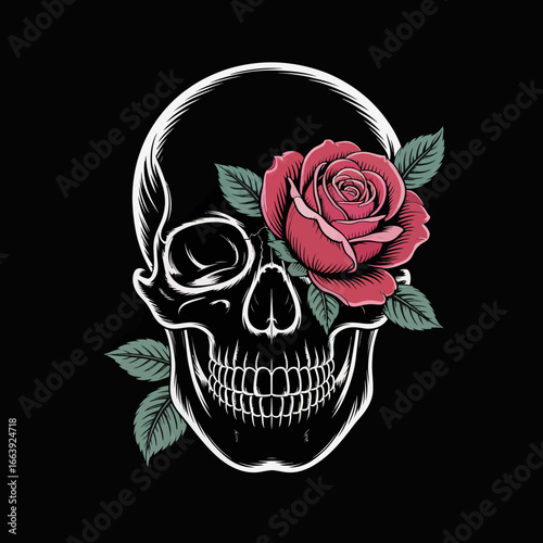 A striking skull illustration adorned with a beautiful rose, representing the duality of life and death. The floral elements add a touch of elegance to the macabre theme.
