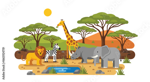 Graphic depiction of african wildlife within a flat vector landscape composition for design elements in illustration artwork showcase the savanna
