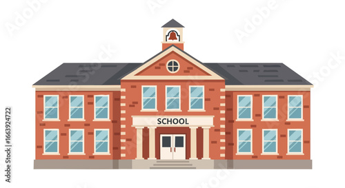 Classic architectural school building, a beacon of knowledge and community, vector design with traditional brick facade and bell tower, educational