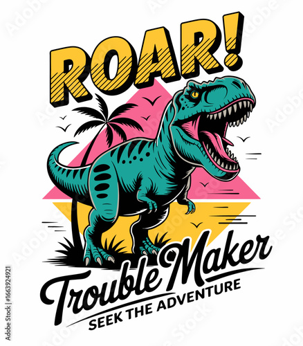 Showcasing a fierce T-Rex in a lively scene, this illustration is a tribute to adventure-seeking spirits, evoking excitement and a sense of wonder in exploring the unknown.