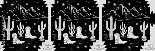 Featuring a stunning desert landscape with cacti and boots, this design captures the essence of outdoor adventure under a starry black sky, perfect for any cowboy-themed project.