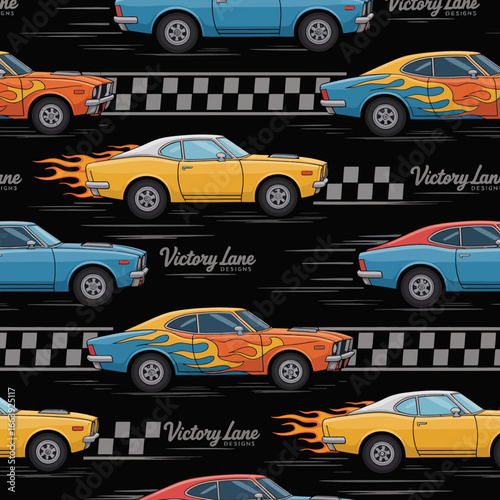 A collection of colorful racing cars zipping by with striking flame designs, framed by iconic checkered flags, representing excitement and competition in racing culture.