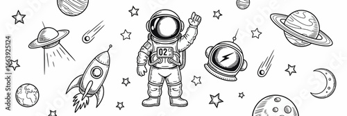 An artistic rendering of an astronaut engaging with rockets and planets, illustrating a playful and imaginative journey through the galaxies and the cosmos.