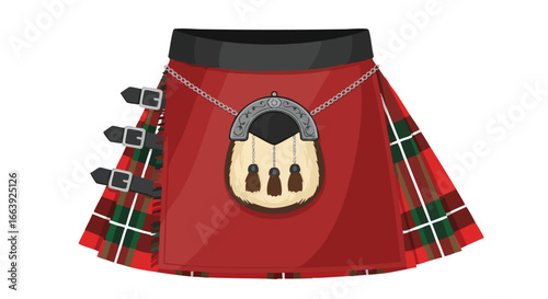 Illustration of a traditional Scottish kilt with a sporran, showcasing its cultural heritage and pattern design with a red tartan fabric and