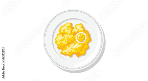 Stylized breakfast illustration presenting scrambled eggs and sunny-side up egg on a plate providing a simplistic yet visually appealing composition