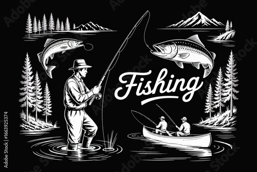 A calming image of a fisherman casting his line into a serene lake with majestic mountains in the background, highlighting the peaceful interaction between man and nature.