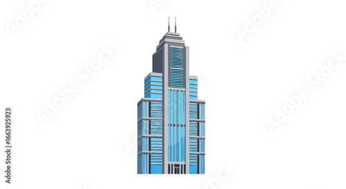 A modern skyscraper with a glass facade reflecting a bright future and urban development, standing tall against the stark white of the isolated
