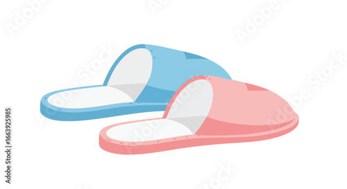 Pastel Pair: Cozy Indoor Slippers in Soft Blue and Rose, Embodying Relaxation and Comfort for Home Living, Isolated on a White Backdrop