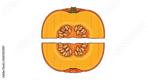 Vibrant pumpkin cross-section reveals seeds a stylized autumn harvest illustration displaying interior with separated halfs and the inner seeds for