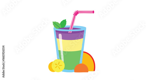 Cartoon illustration showcasing a vibrant multi-layered smoothie drink with fresh citrus fruits and a pink straw, a healthy beverage for a cheerful