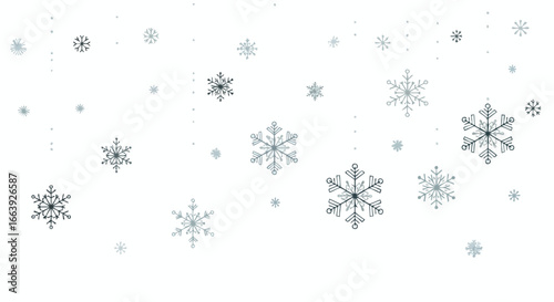 Delicate Snowflake Array: A Wintery Depiction of Falling Snowflakes on a White Backdrop Embodying the Essence of Winter Season