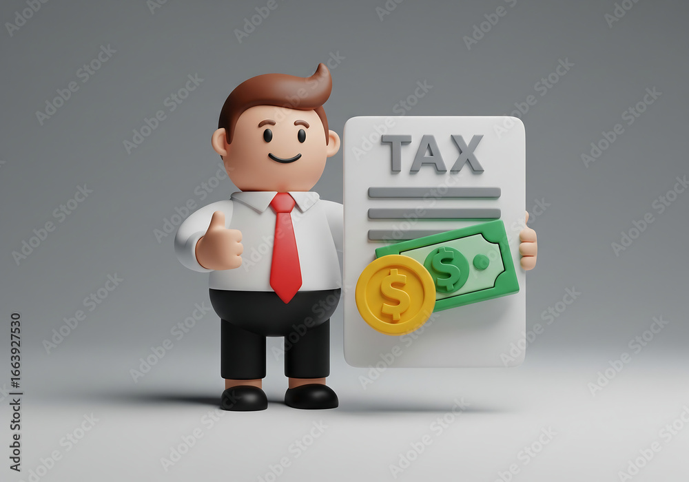 Tax filing and refund concept with a happy businessman 3D render Tax filing and refund concept with a happy businessman 3D render