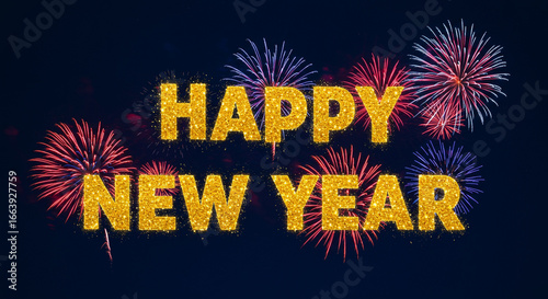 A vibrant celebratory image displays the phrase 'Happy New Year' in bold, golden letters, illuminated by dazzling fireworks bursting across a dark, starry backdrop.