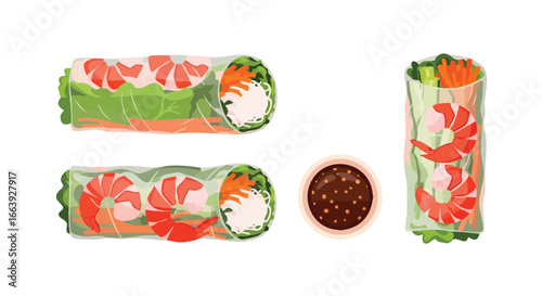 Vibrant presentation of summer rolls displaying translucent wrappers revealing shrimp and crisp vegetable filling paired with a savory dipping sauce