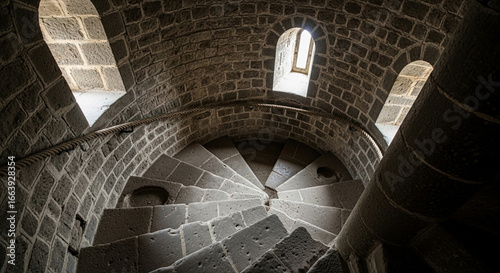 An upward perspective captures the intricate details of a stone spiral staircase leading towards arched , illuminating the interior with natural light and shadows.