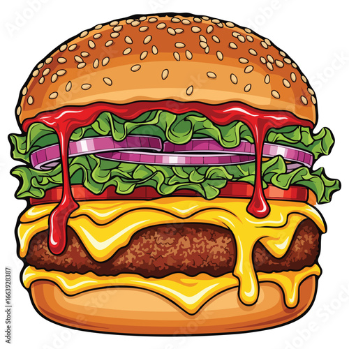3d illustration of cartoon style burger with dripping cheese, ketchup, lettuce, and onion isolated