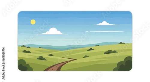 Panoramic view of idyllic landscape with a winding road under a clear blue sky and rolling green hills with scattered bushes in simple vector style